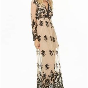 Long Sleeve Black Lace and Nude Underlay Maxi